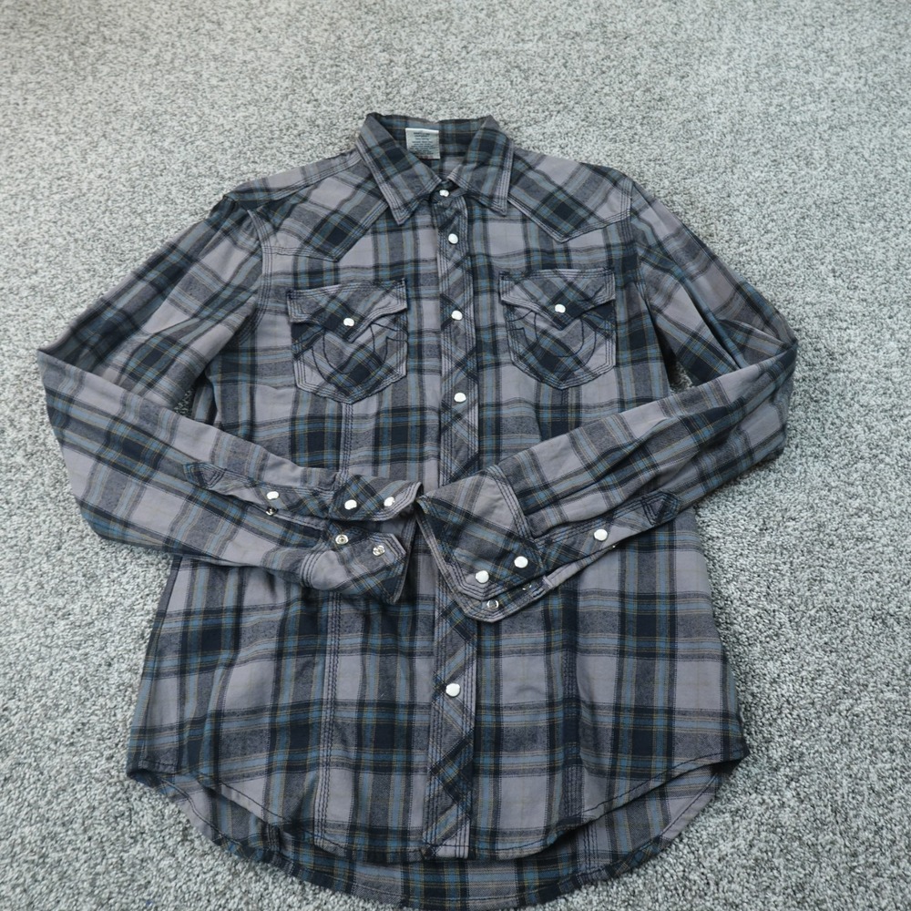 True Religion Shirt Mens XL Blue Gray Plaid Western Pearl Snap Flannel Cowboy